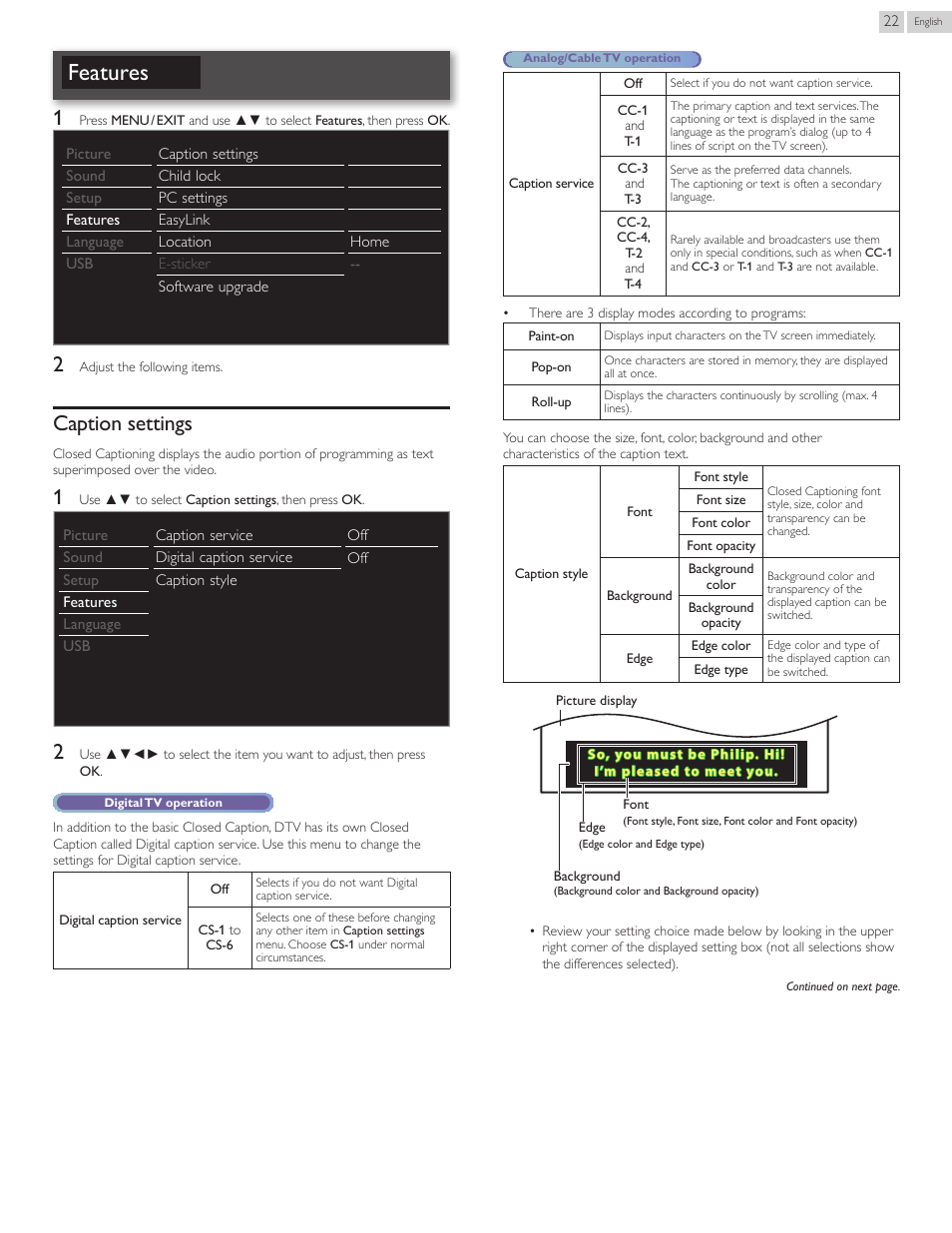 Features, Caption settings | Philips 40PFL4707-F7 User Manual | Page 22 / 38