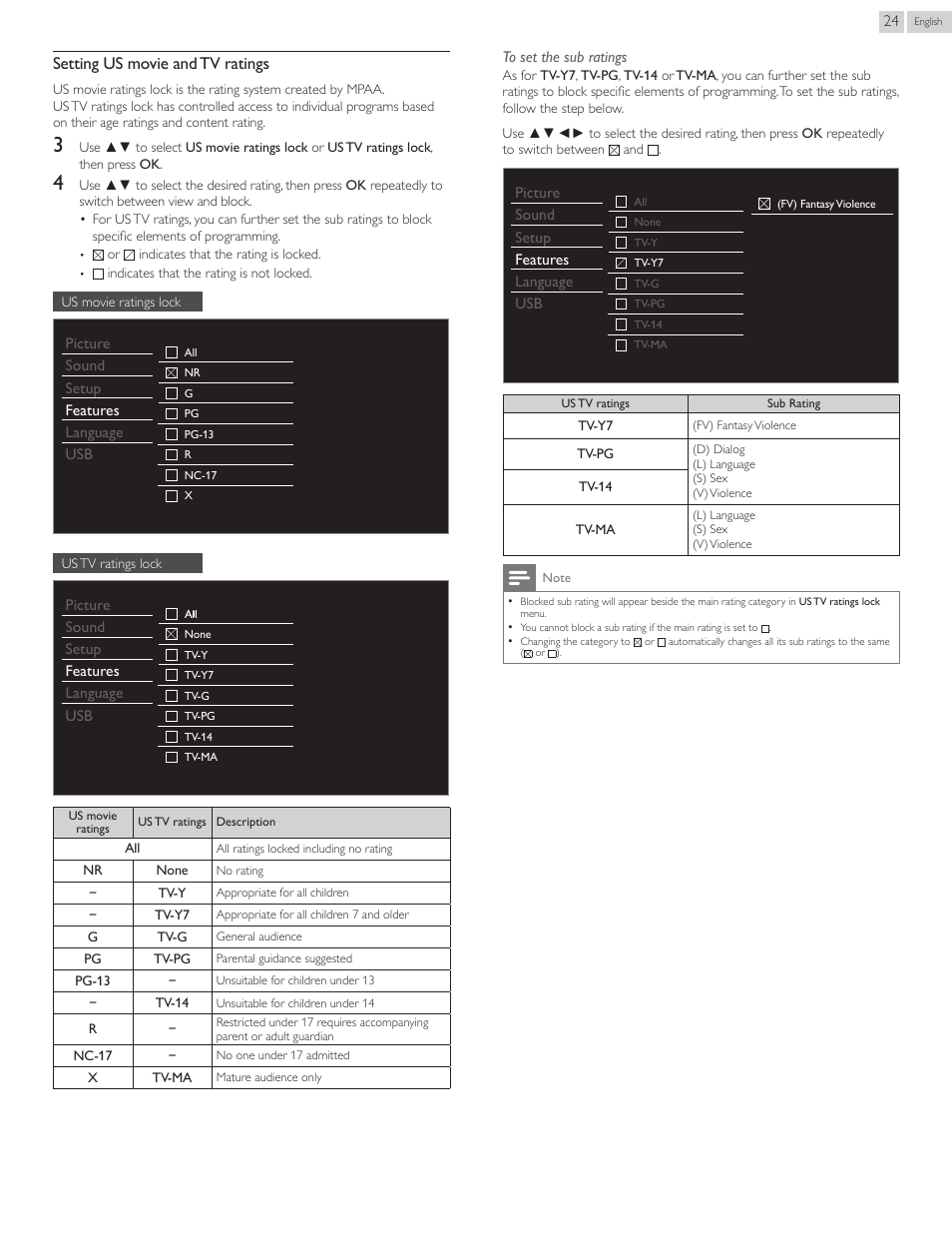 Setting us movie and tv ratings | Philips 40PFL4707-F7 User Manual | Page 24 / 38