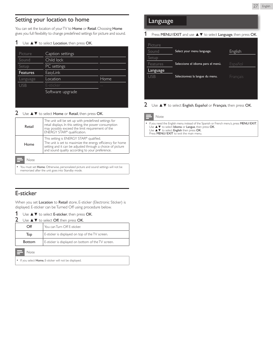 Setting your location to home, E-sticker, Language | Philips 40PFL4707-F7 User Manual | Page 27 / 38