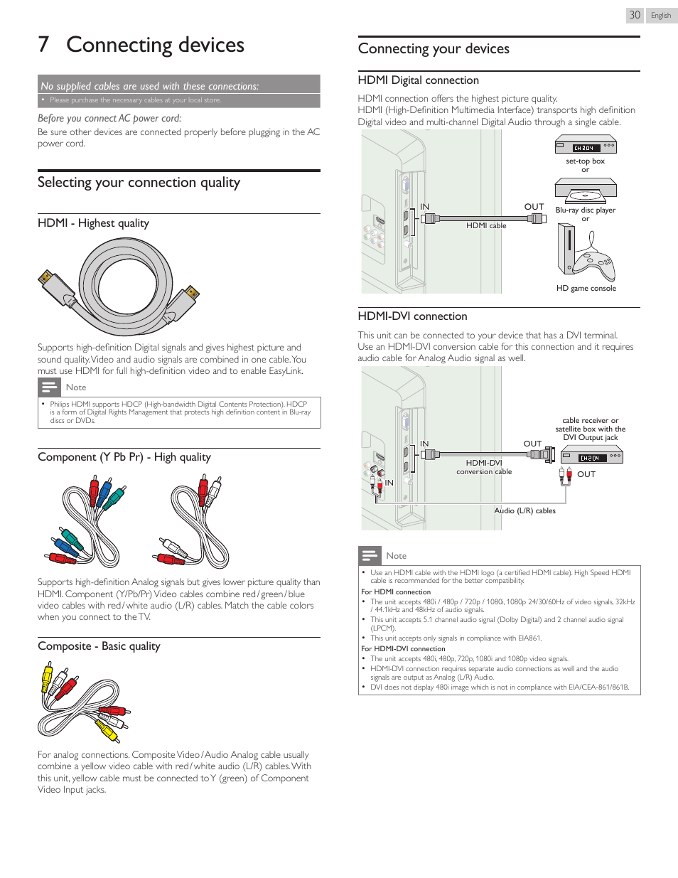 7 connecting devices, Selecting your connection quality, Connecting your devices | Hdmi - highest quality, Component (y pb pr) - high quality, Composite - basic quality, Hdmi digital connection, Hdmi-dvi connection | Philips 40PFL4707-F7 User Manual | Page 30 / 38