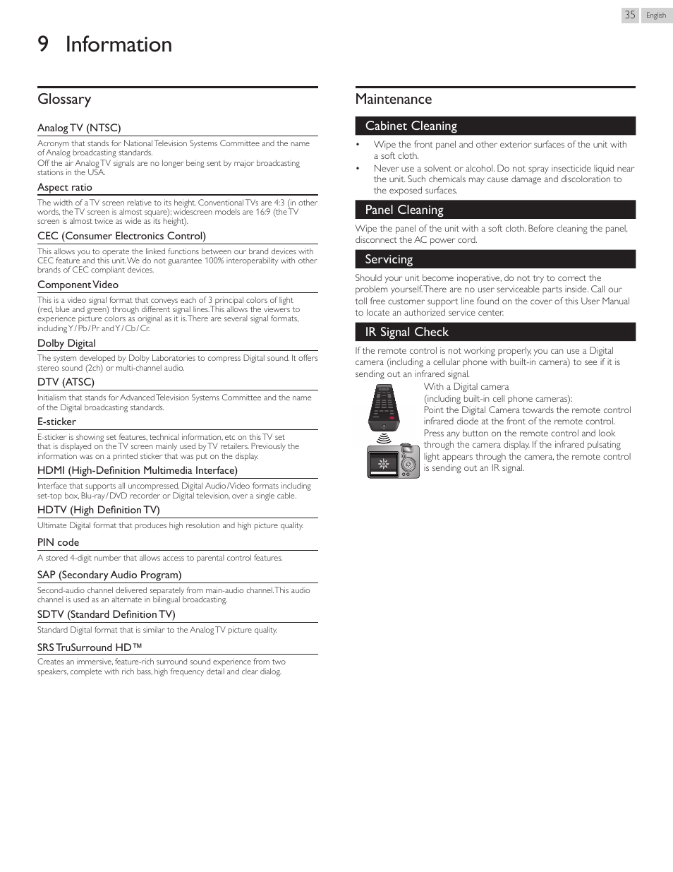 9 information, Glossary, Maintenance | Cabinet cleaning, Panel cleaning, Servicing, Ir signal check | Philips 40PFL4707-F7 User Manual | Page 35 / 38