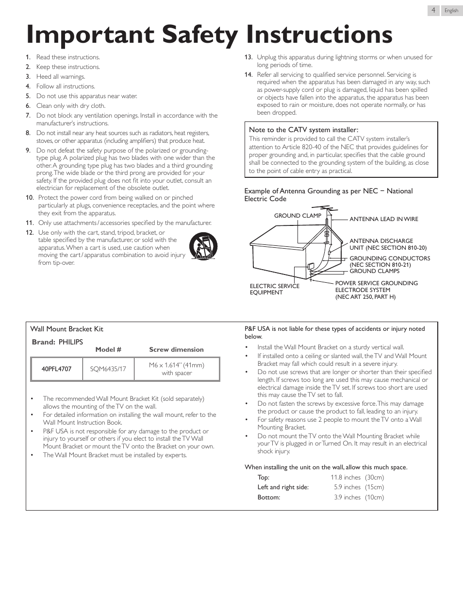 Important safety instructions | Philips 40PFL4707-F7 User Manual | Page 4 / 38