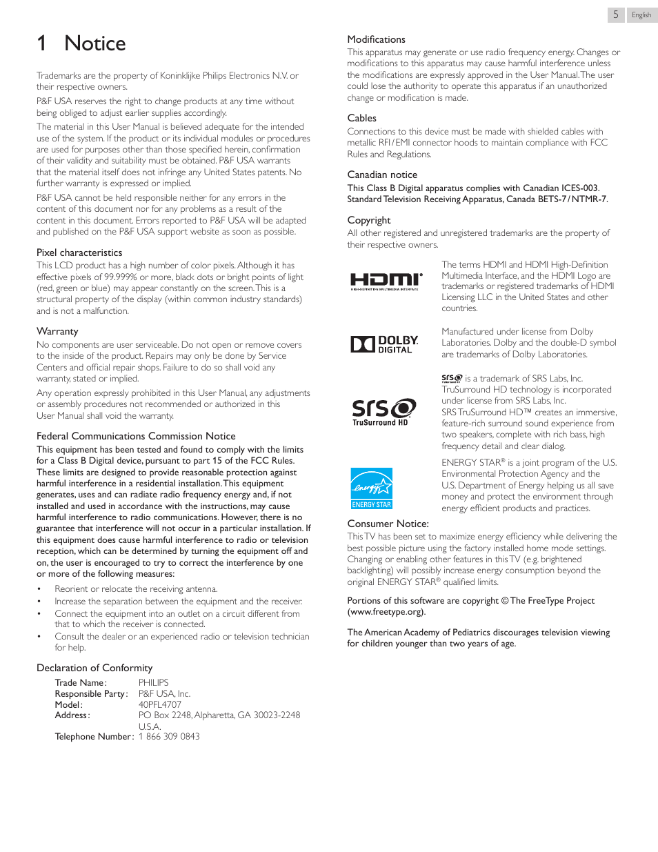 1 notice | Philips 40PFL4707-F7 User Manual | Page 5 / 38