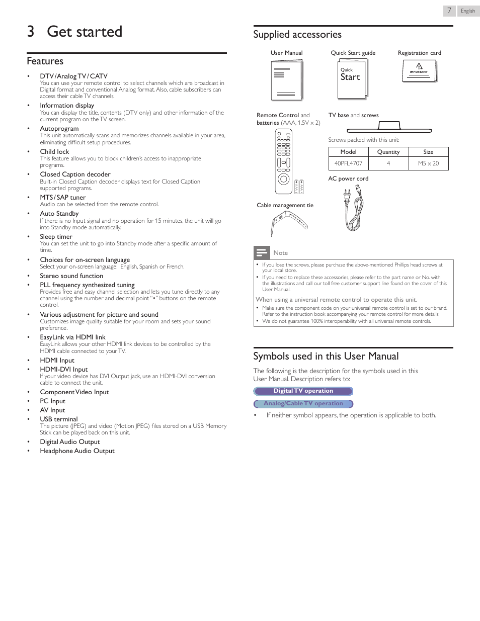 3 get started, Features, Supplied accessories | Symbols used in this user manual, Start | Philips 40PFL4707-F7 User Manual | Page 7 / 38