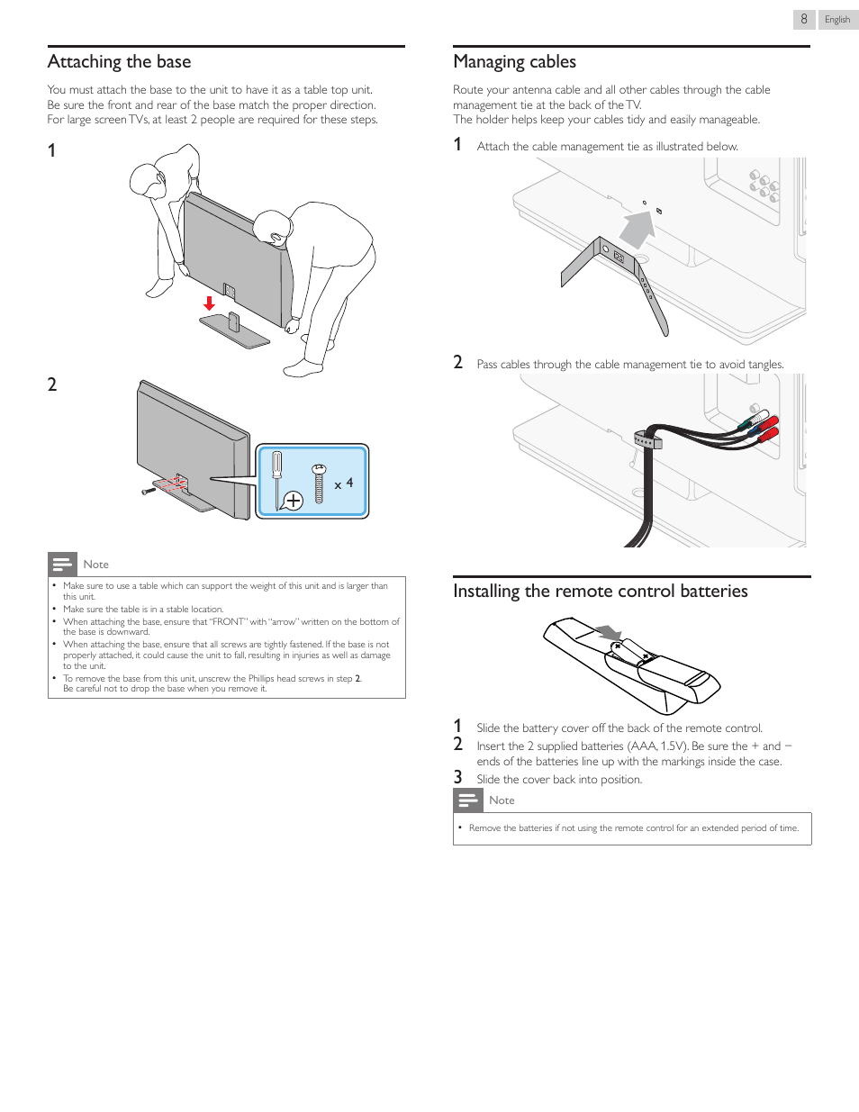Attaching the base, Managing cables, Installing the remote control batteries | Installing the remote control batteries 1 | Philips 40PFL4707-F7 User Manual | Page 8 / 38