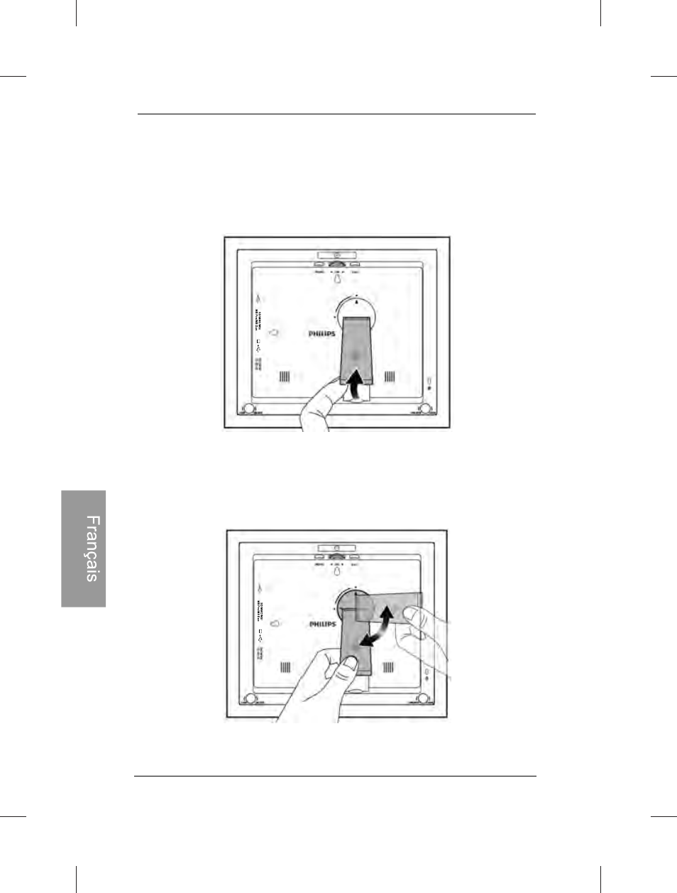 Démarrage du photoframe, Étape 1: utilisation du pied arrière réglable | Philips SPF3472-G7 User Manual | Page 97 / 126