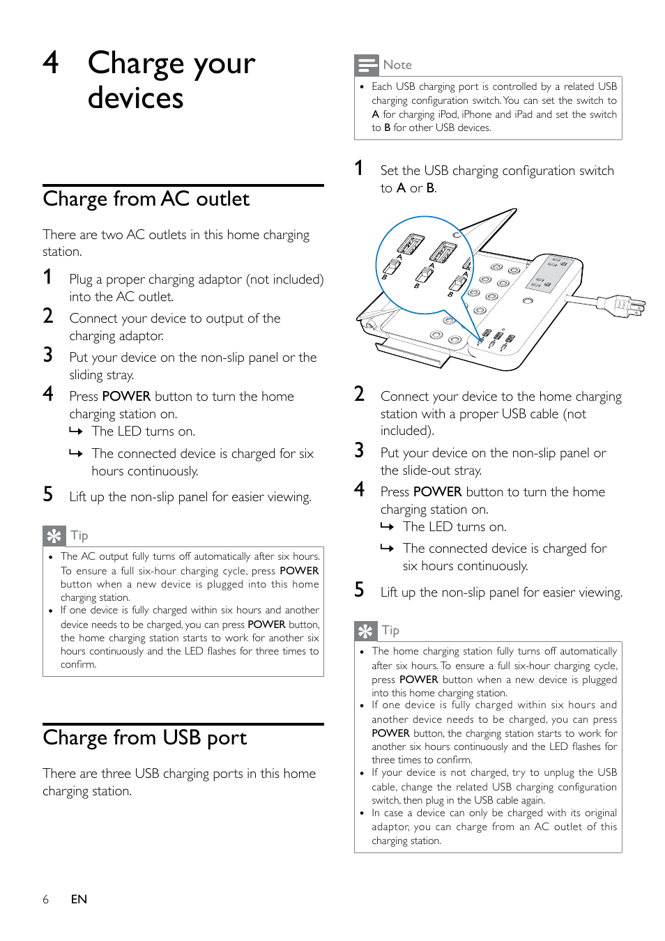 4 charge your devices, Charge from ac outlet, Charge from usb port | Philips SPS8038A-17 User Manual | Page 6 / 10