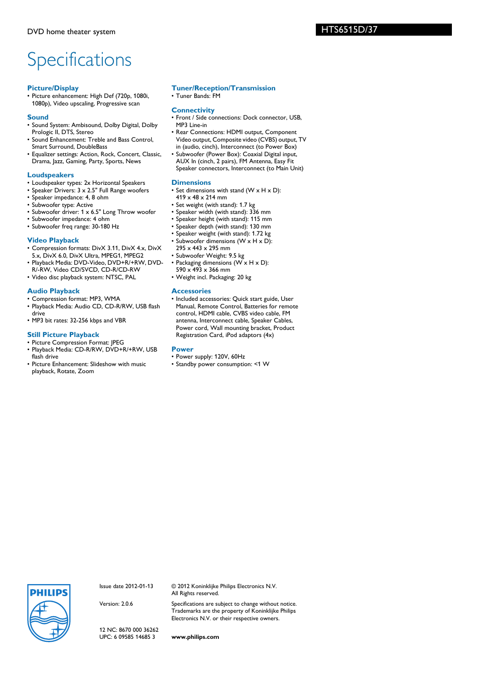 Specifications | Philips HTS6515D-37 User Manual | Page 3 / 3