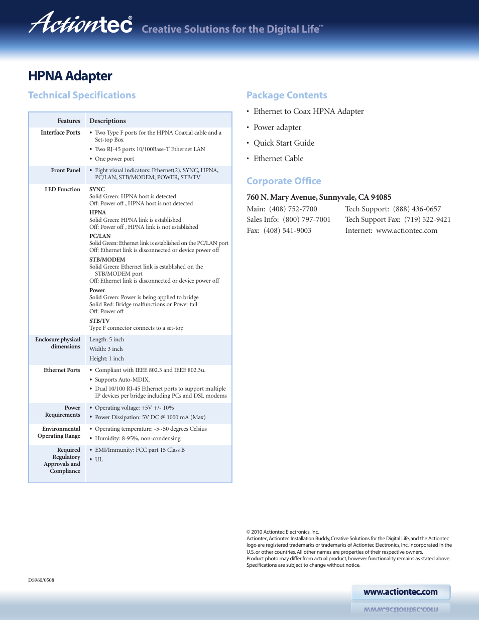 Hpna adapter, Creative solutions for the digital life, Technical specifications package contents | Corporate office | Actiontec electronic HCB1000 User Manual | Page 2 / 2