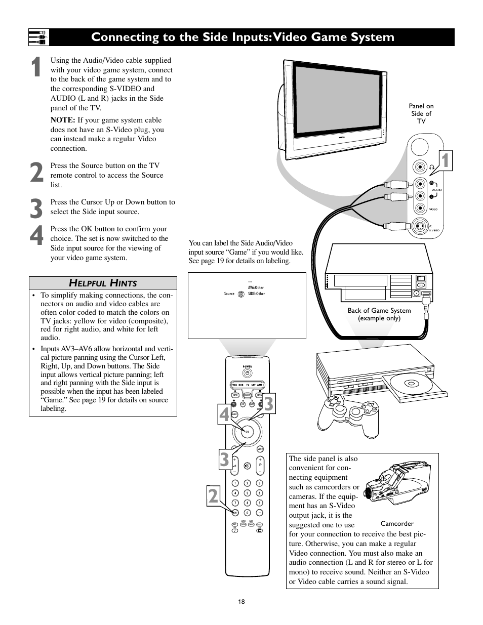 Connecting to the side inputs:video game system | Philips Cineos 55" HD User Manual | Page 18 / 44