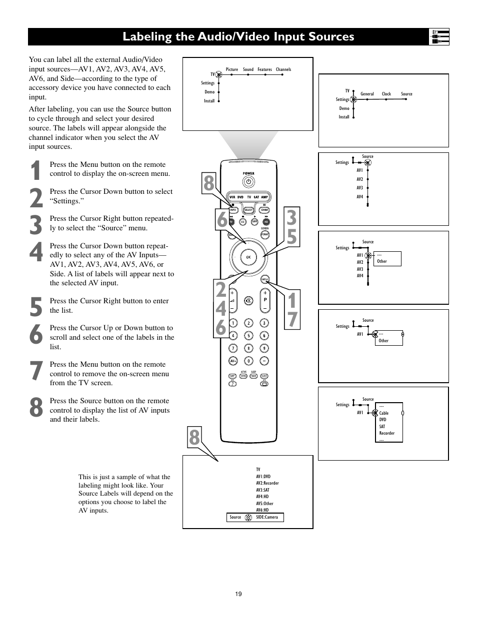 Labeling the audio/video input sources | Philips Cineos 55" HD User Manual | Page 19 / 44