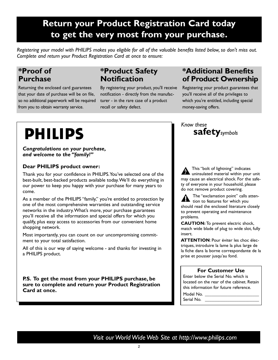 Safety, Proof of purchase, Product safety notification | Additional benefits of product ownership | Philips Cineos 55" HD User Manual | Page 2 / 44