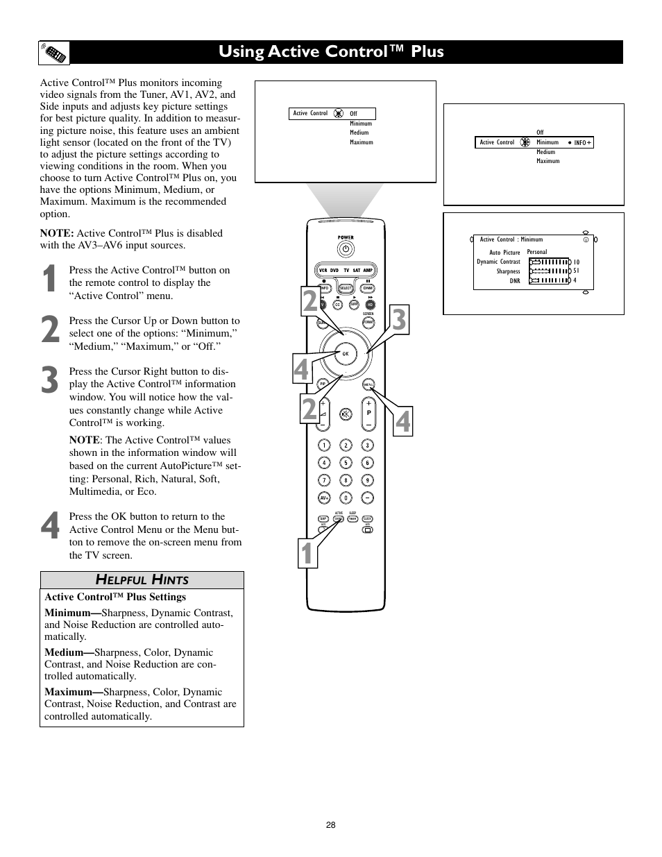 Using active control™ plus | Philips Cineos 55" HD User Manual | Page 28 / 44