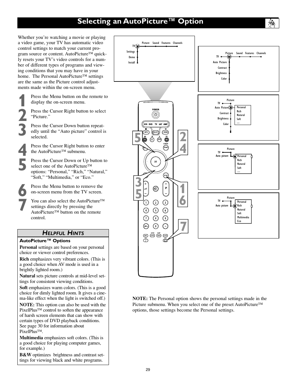 Selecting an autopicture™ option | Philips Cineos 55" HD User Manual | Page 29 / 44