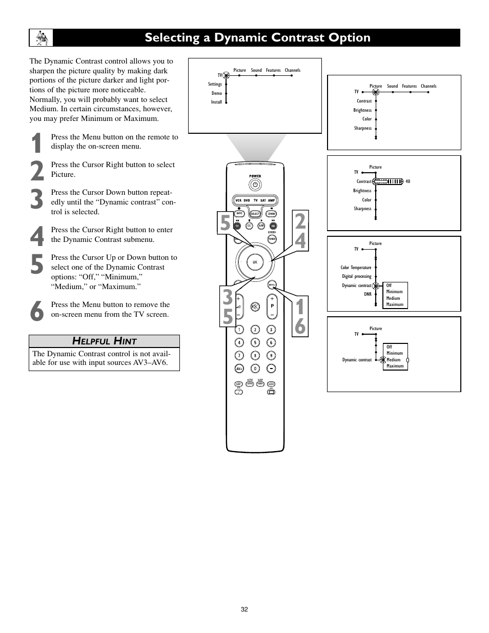 Selecting a dynamic contrast option | Philips Cineos 55" HD User Manual | Page 32 / 44