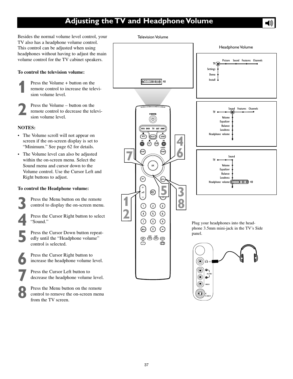 Adjusting the tv and headphone volume | Philips Cineos 55" HD User Manual | Page 37 / 44