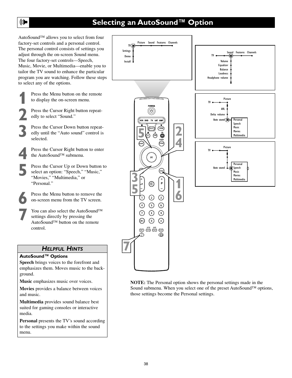 Selecting an autosound™ option | Philips Cineos 55" HD User Manual | Page 38 / 44