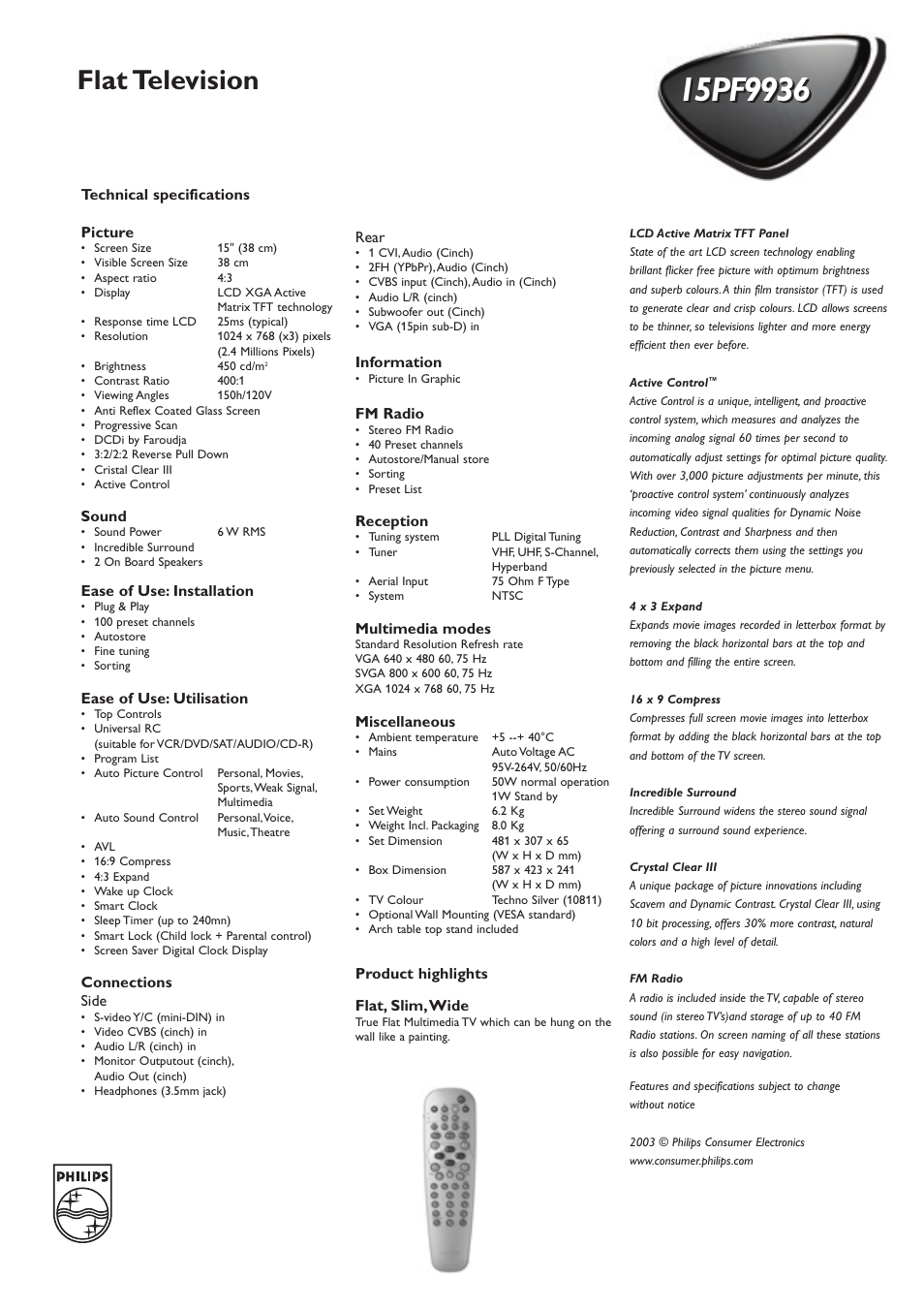 Flat television | Philips 15PF9936-37B User Manual | Page 2 / 2