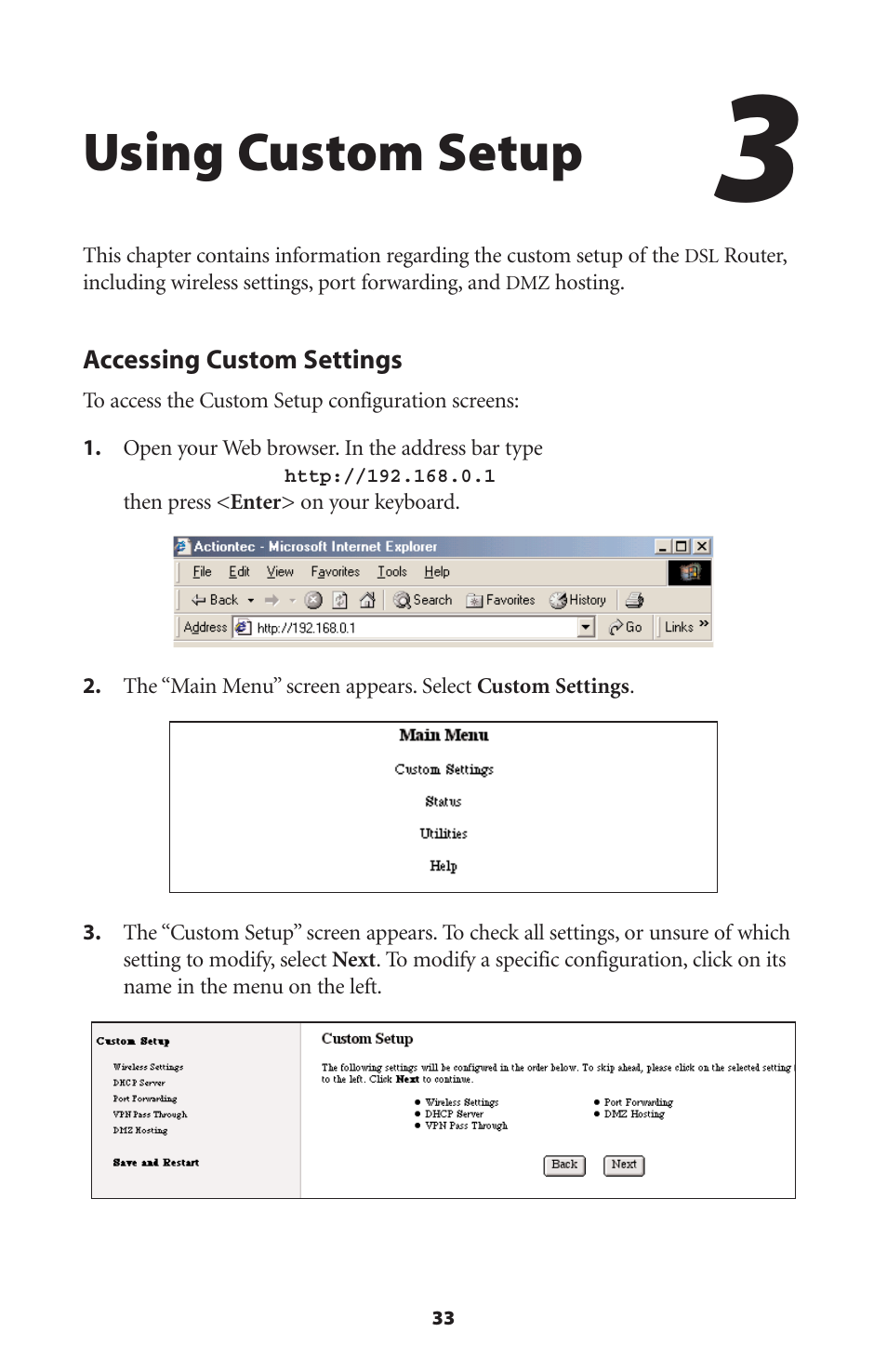 Using custom setup | Actiontec electronic GEU404000-01 User Manual | Page 36 / 79