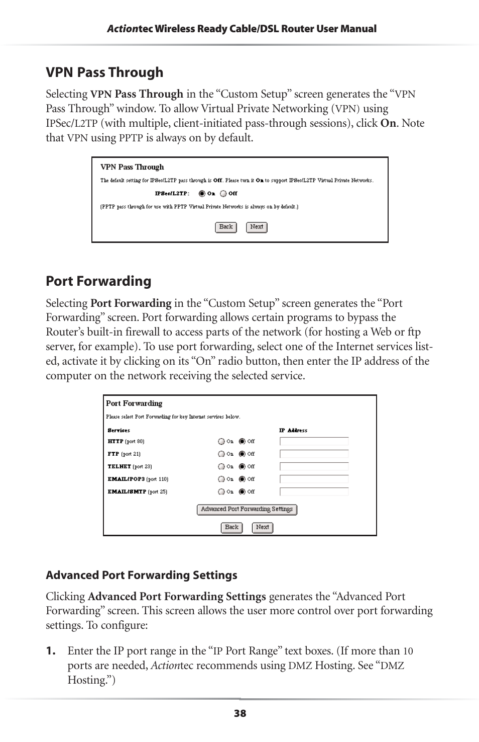 Vpn pass through, Port forwarding | Actiontec electronic GEU404000-01 User Manual | Page 41 / 79