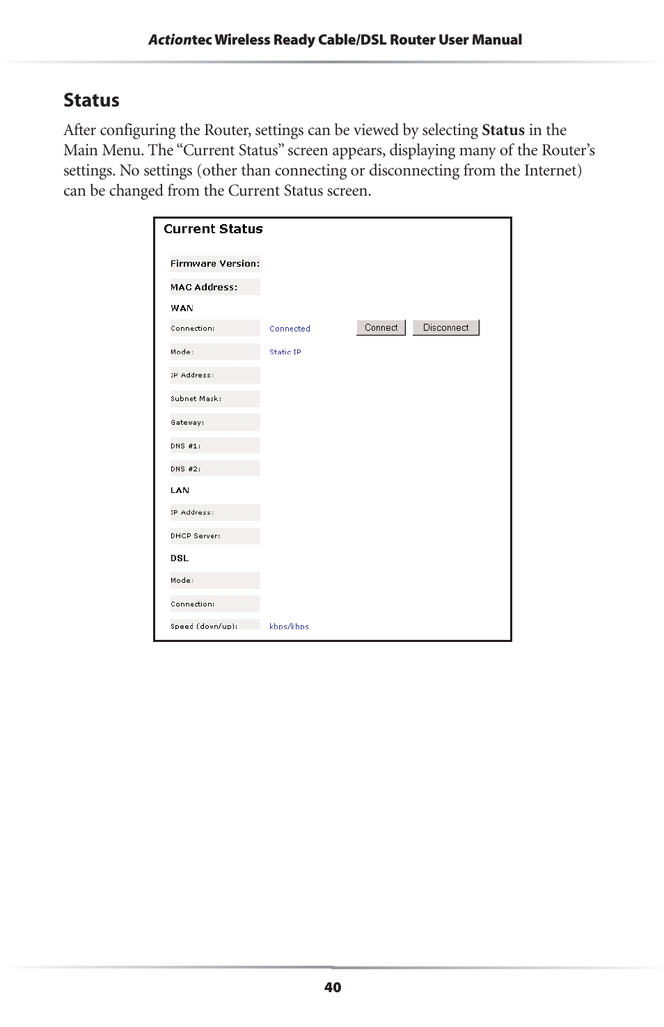 Status | Actiontec electronic GEU404000-01 User Manual | Page 43 / 79