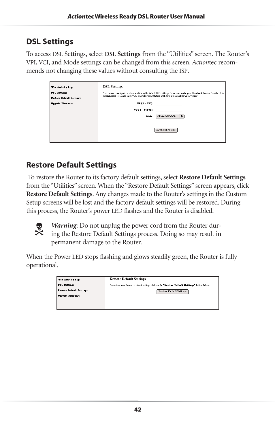 Dsl settings, Restore default settings | Actiontec electronic GEU404000-01 User Manual | Page 45 / 79