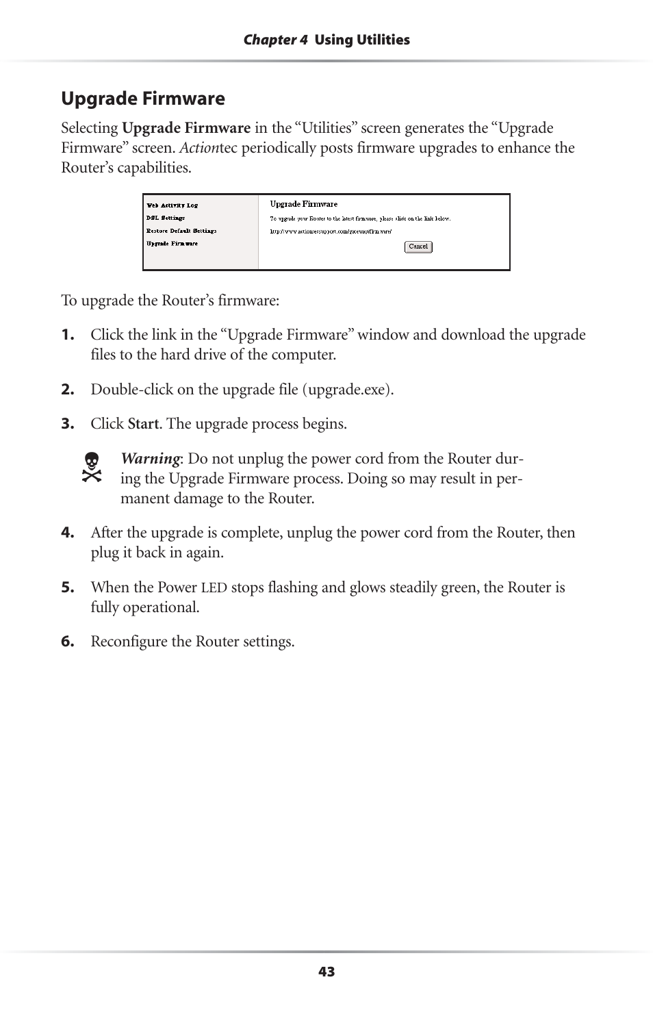 Upgrade firmware | Actiontec electronic GEU404000-01 User Manual | Page 46 / 79