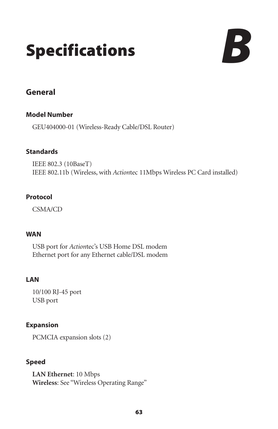 Specifications | Actiontec electronic GEU404000-01 User Manual | Page 66 / 79