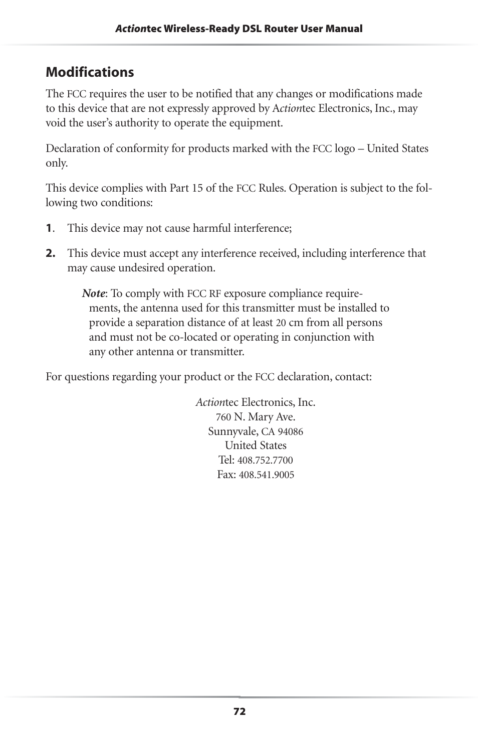 Modifications | Actiontec electronic GEU404000-01 User Manual | Page 75 / 79