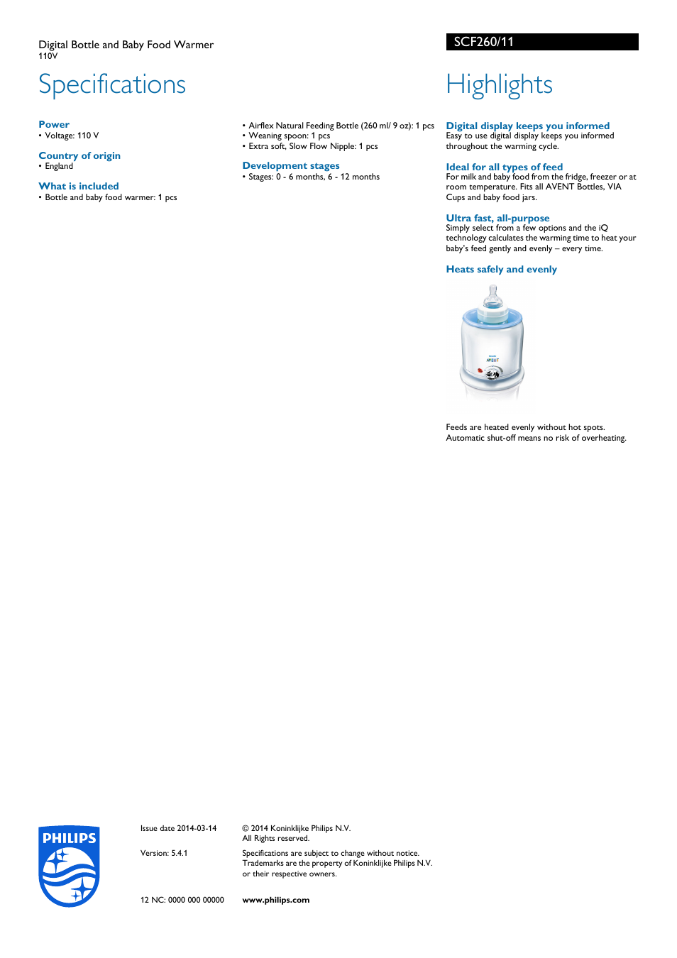 Specifications, Highlights | Philips SCF260-11 User Manual | Page 2 / 2