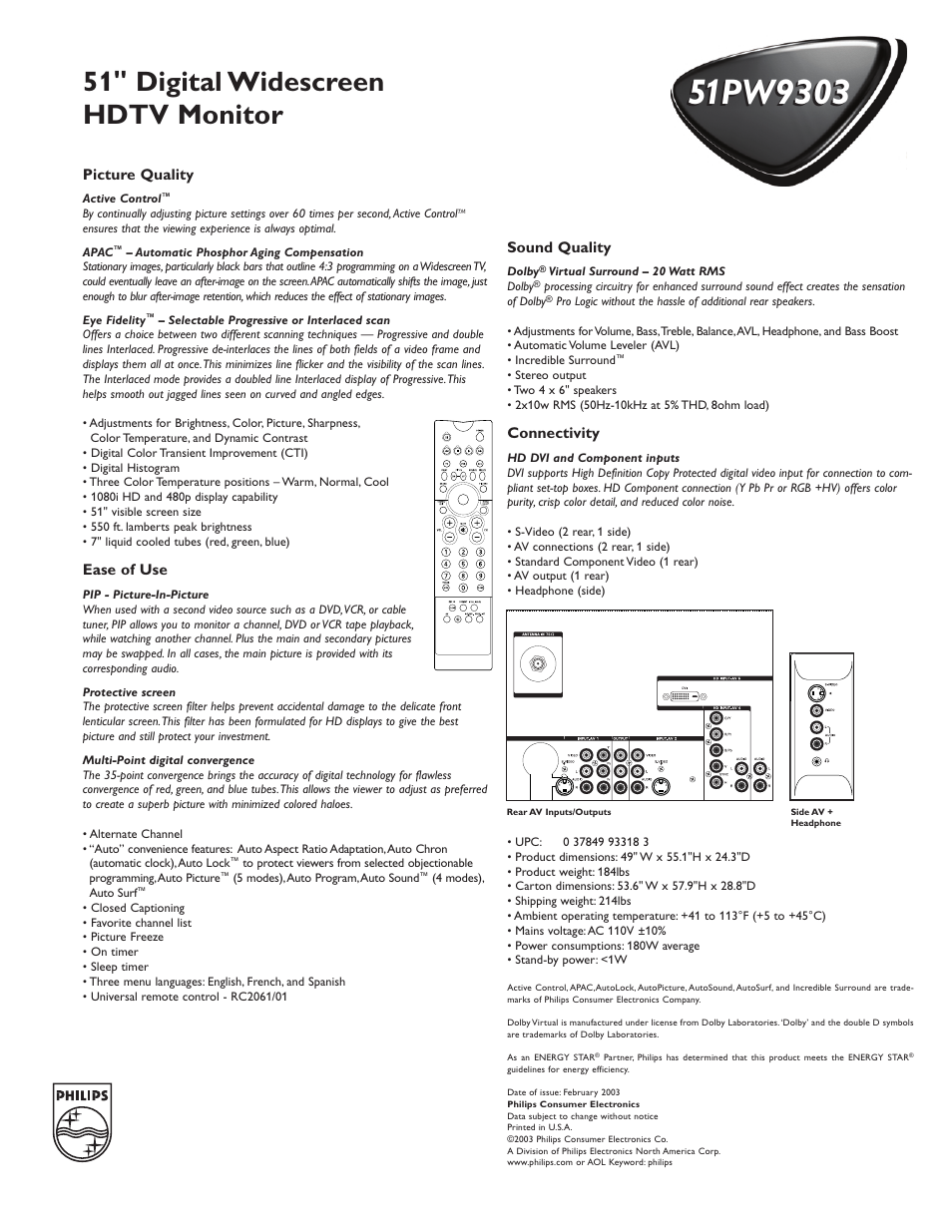 51" digital widescreen hdtv monitor | Philips 51PW9303 User Manual | Page 2 / 2