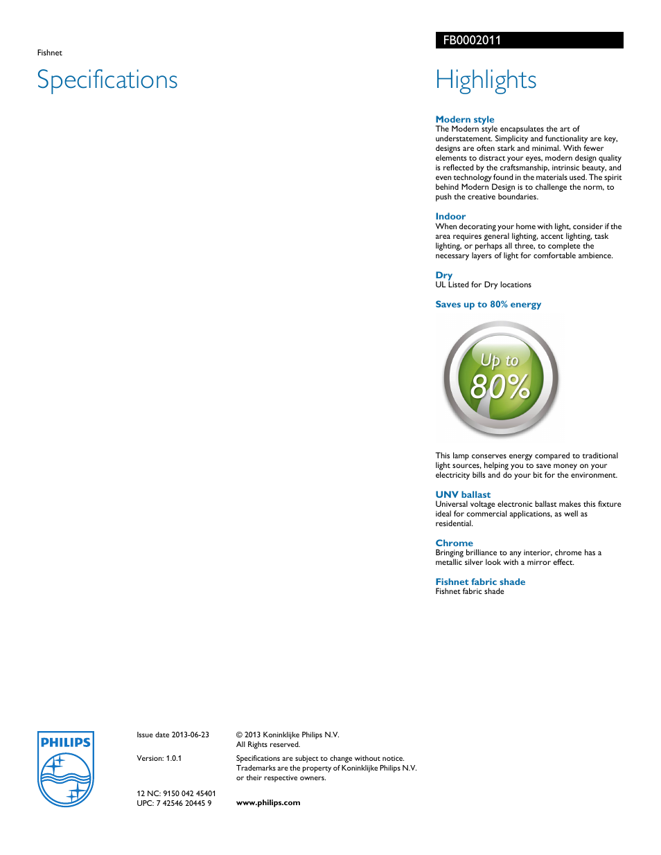 Specifications, Highlights | Philips Forecast Suspension light FB000-20-11 Fishnet User Manual | Page 2 / 2