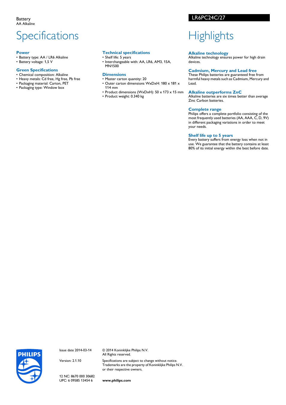 Specifications, Highlights | Philips LR6PC24C-27 User Manual | Page 2 / 2