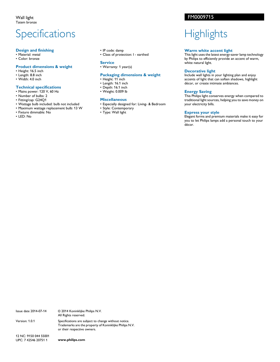 Specifications, Highlights | Philips Forecast myLiving Wall light FM000-97-15 Tatem bronze User Manual | Page 2 / 2