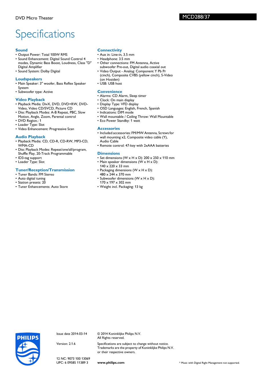 Specifications | Philips MCD288-37B User Manual | Page 3 / 3
