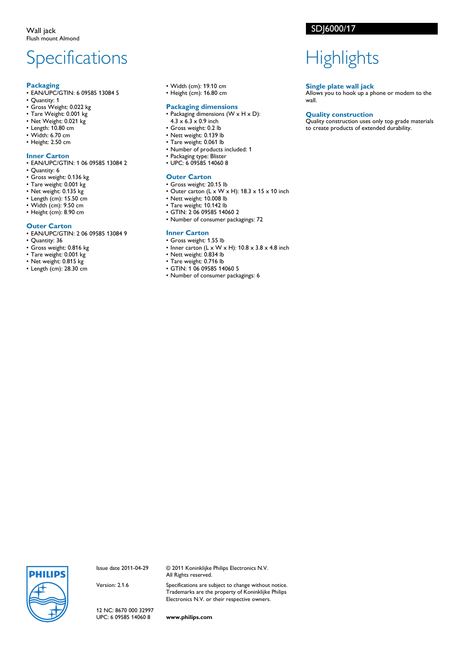 Specifications, Highlights | Philips SDJ6000-17 User Manual | Page 2 / 2