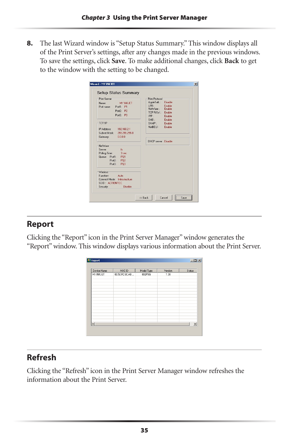 Report, Refresh, 35 refresh | Actiontec electronic 802PSG User Manual | Page 38 / 77