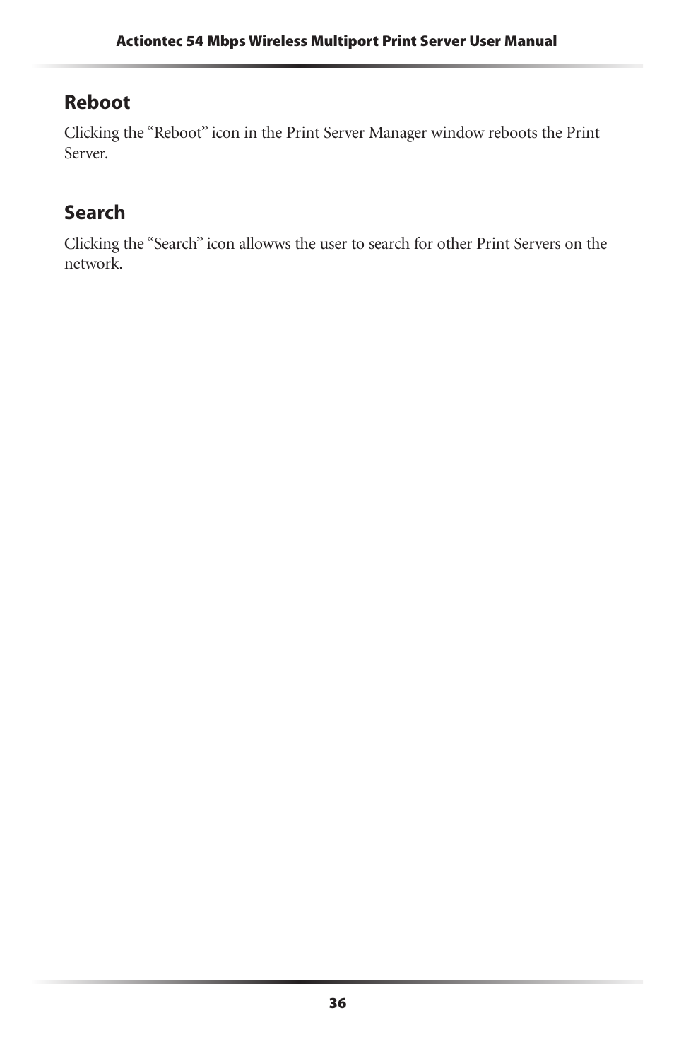 Reboot, Search, 36 search | Actiontec electronic 802PSG User Manual | Page 39 / 77