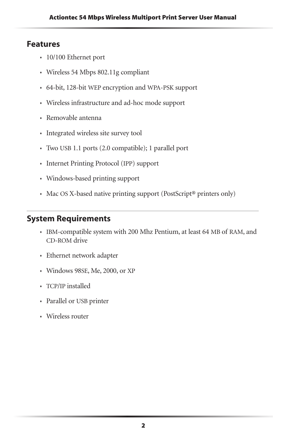 Features, System requirements, 2 system requirements | Actiontec electronic 802PSG User Manual | Page 5 / 77