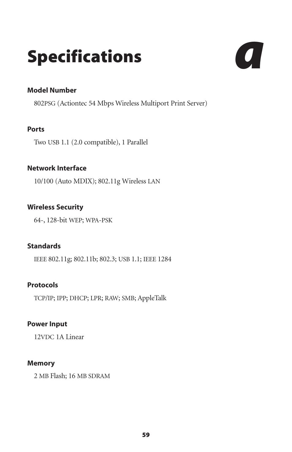 Specifications | Actiontec electronic 802PSG User Manual | Page 62 / 77