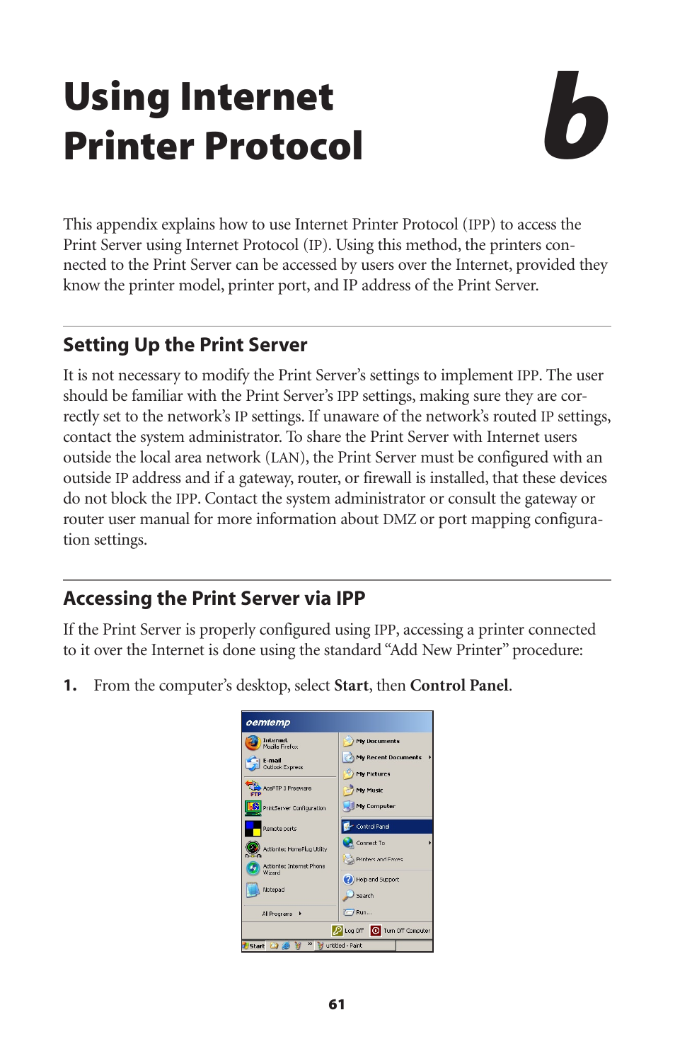 Using internet printer protocol, Setting up the print server, Accessing the print server via ipp | 61 accessing the print server via ipp | Actiontec electronic 802PSG User Manual | Page 64 / 77