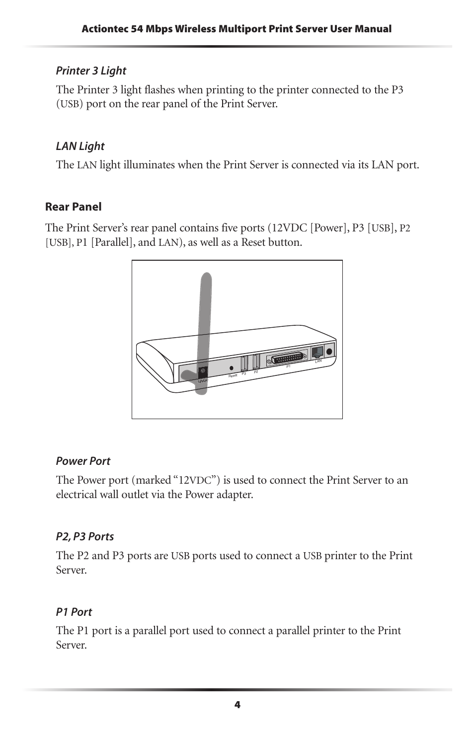 1 [parallel], and, As well as a reset button, Power port the power port (marked “12 | Ports used to connect a, P2 [usb], p | Actiontec electronic 802PSG User Manual | Page 7 / 77