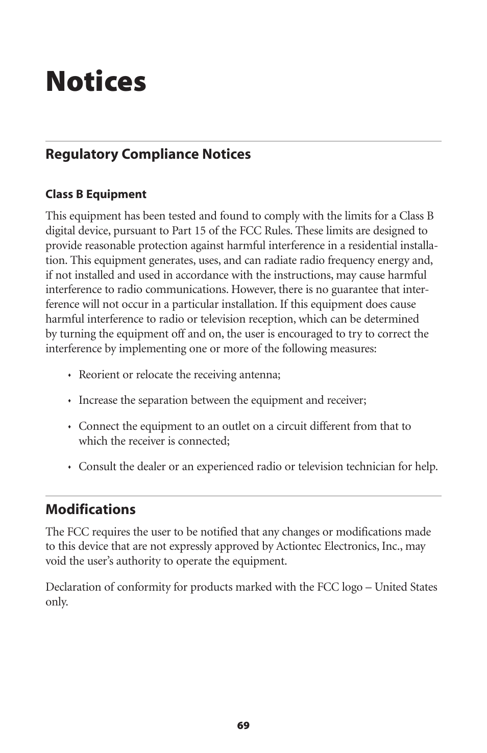 Notices, Regulatory compliance notices, Modifications | 69 modifications | Actiontec electronic 802PSG User Manual | Page 72 / 77