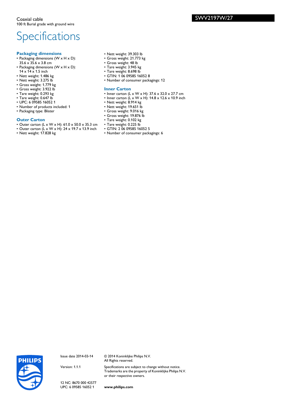 Specifications | Philips SWV2197W-27 User Manual | Page 2 / 2