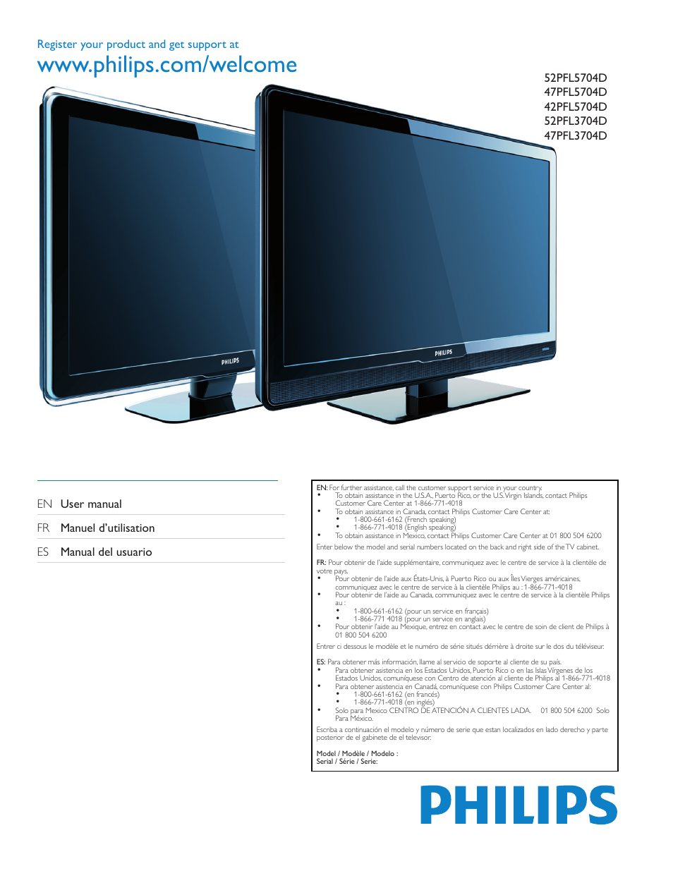 Philips LCD TV 47PFL5704D 119cm-47" class Full HD 1080p digital TV with Pixel Plus 3 HD User Manual | 39 pages