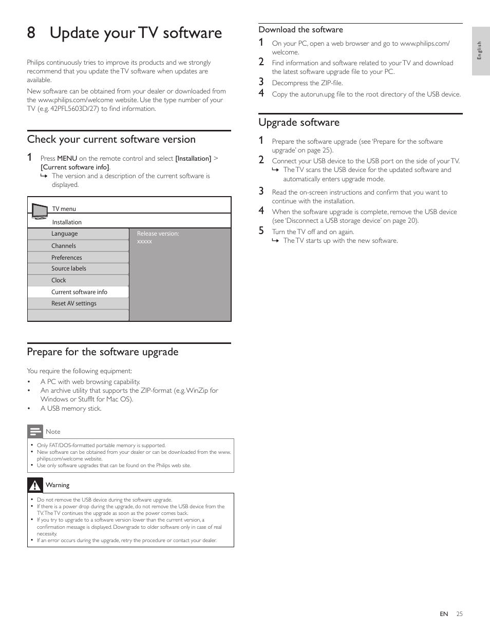 8 update your tv software | Philips LCD TV 47PFL5704D 119cm-47" class Full HD 1080p digital TV with Pixel Plus 3 HD User Manual | Page 27 / 39