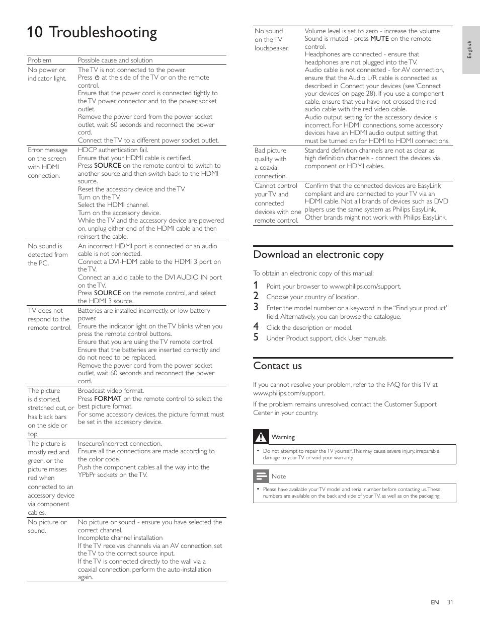 10 troubleshooting, Download an electronic copy, Contact us | Philips LCD TV 47PFL5704D 119cm-47" class Full HD 1080p digital TV with Pixel Plus 3 HD User Manual | Page 33 / 39