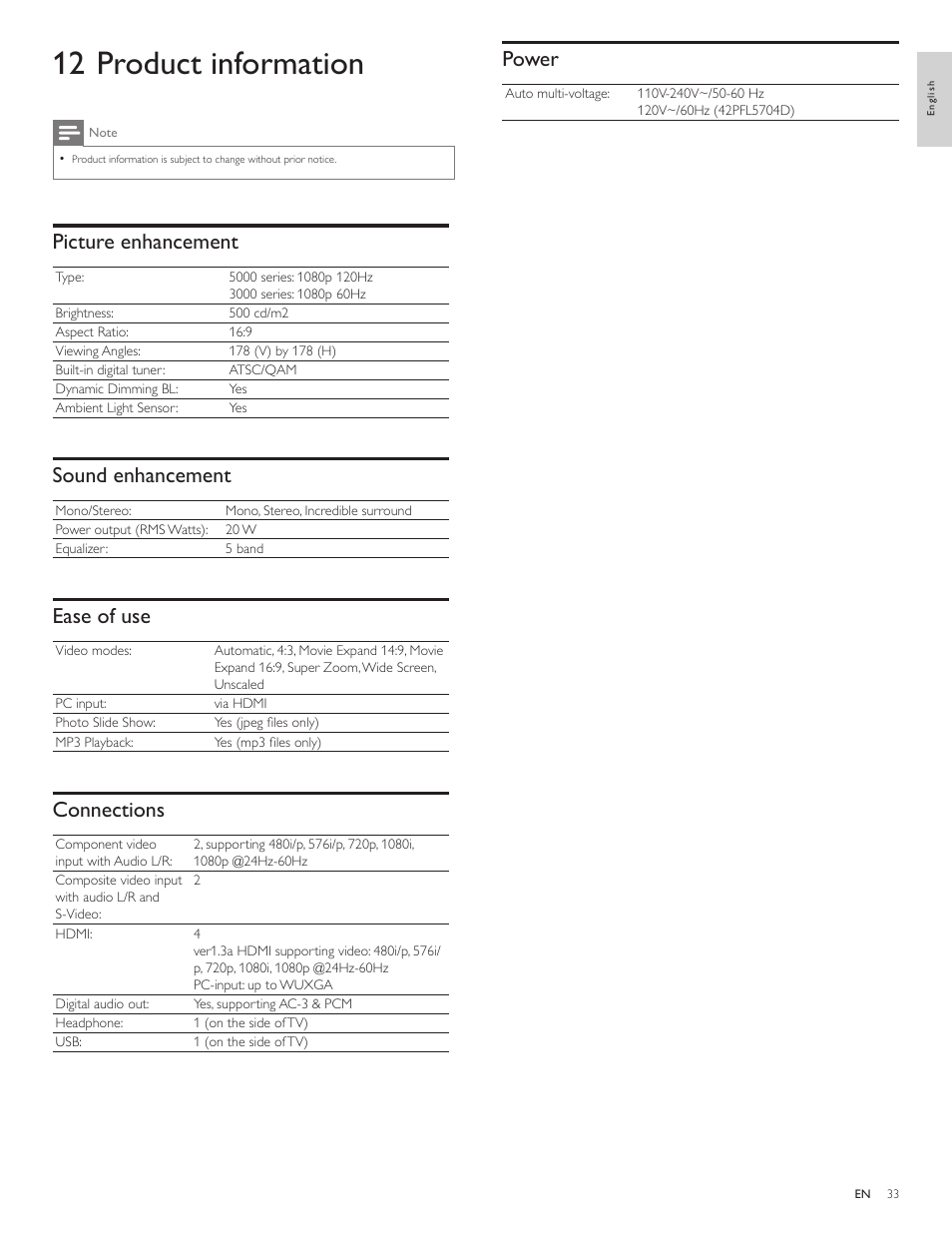 12 product information, Power, Picture enhancement | Sound enhancement, Ease of use, Connections | Philips LCD TV 47PFL5704D 119cm-47" class Full HD 1080p digital TV with Pixel Plus 3 HD User Manual | Page 35 / 39