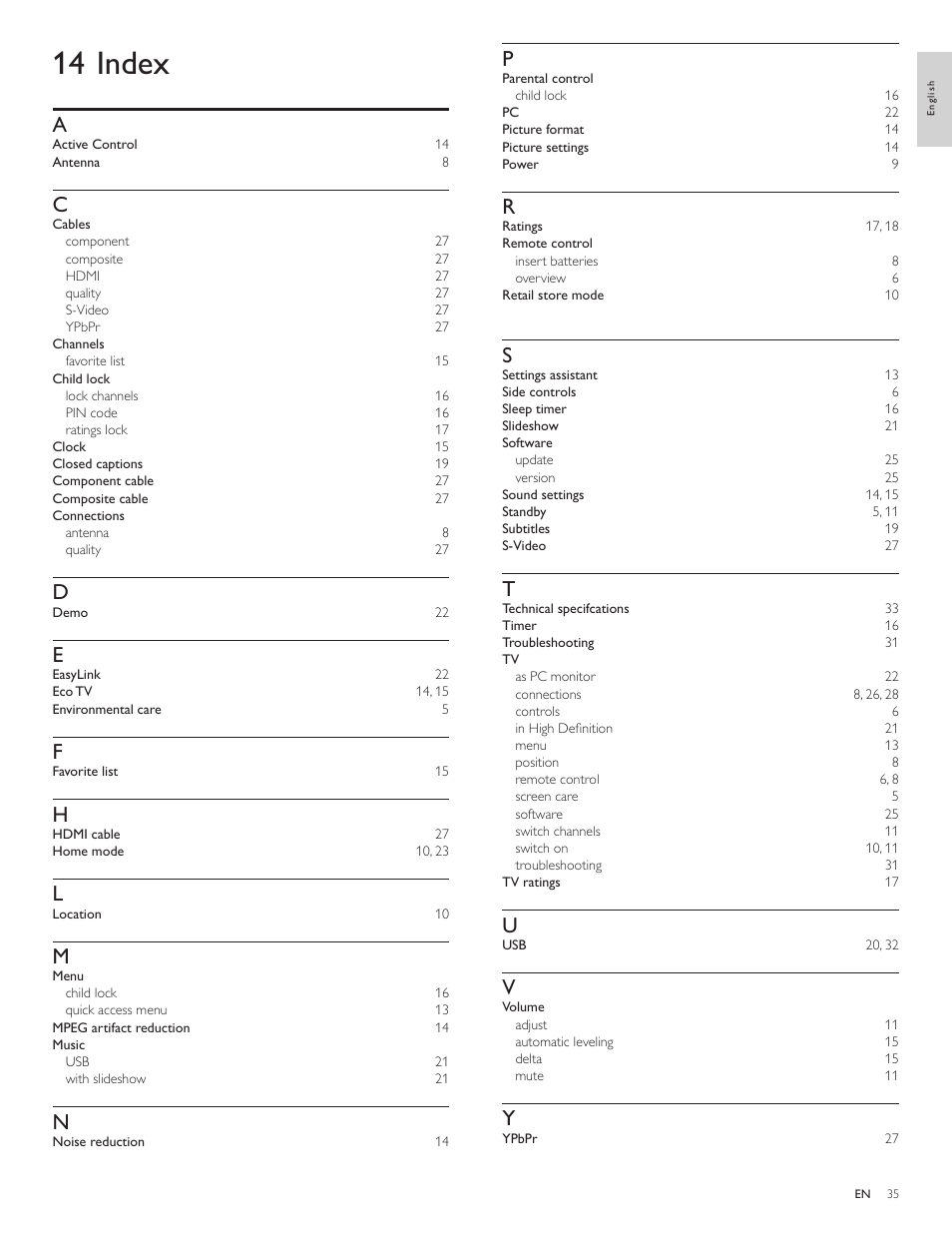 14 index | Philips LCD TV 47PFL5704D 119cm-47" class Full HD 1080p digital TV with Pixel Plus 3 HD User Manual | Page 37 / 39