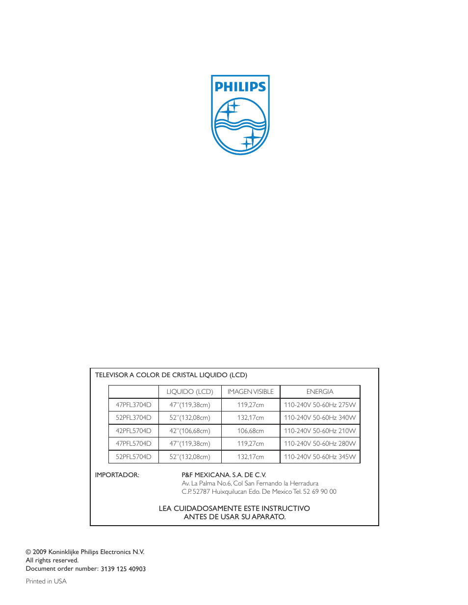 Philips LCD TV 47PFL5704D 119cm-47" class Full HD 1080p digital TV with Pixel Plus 3 HD User Manual | Page 39 / 39